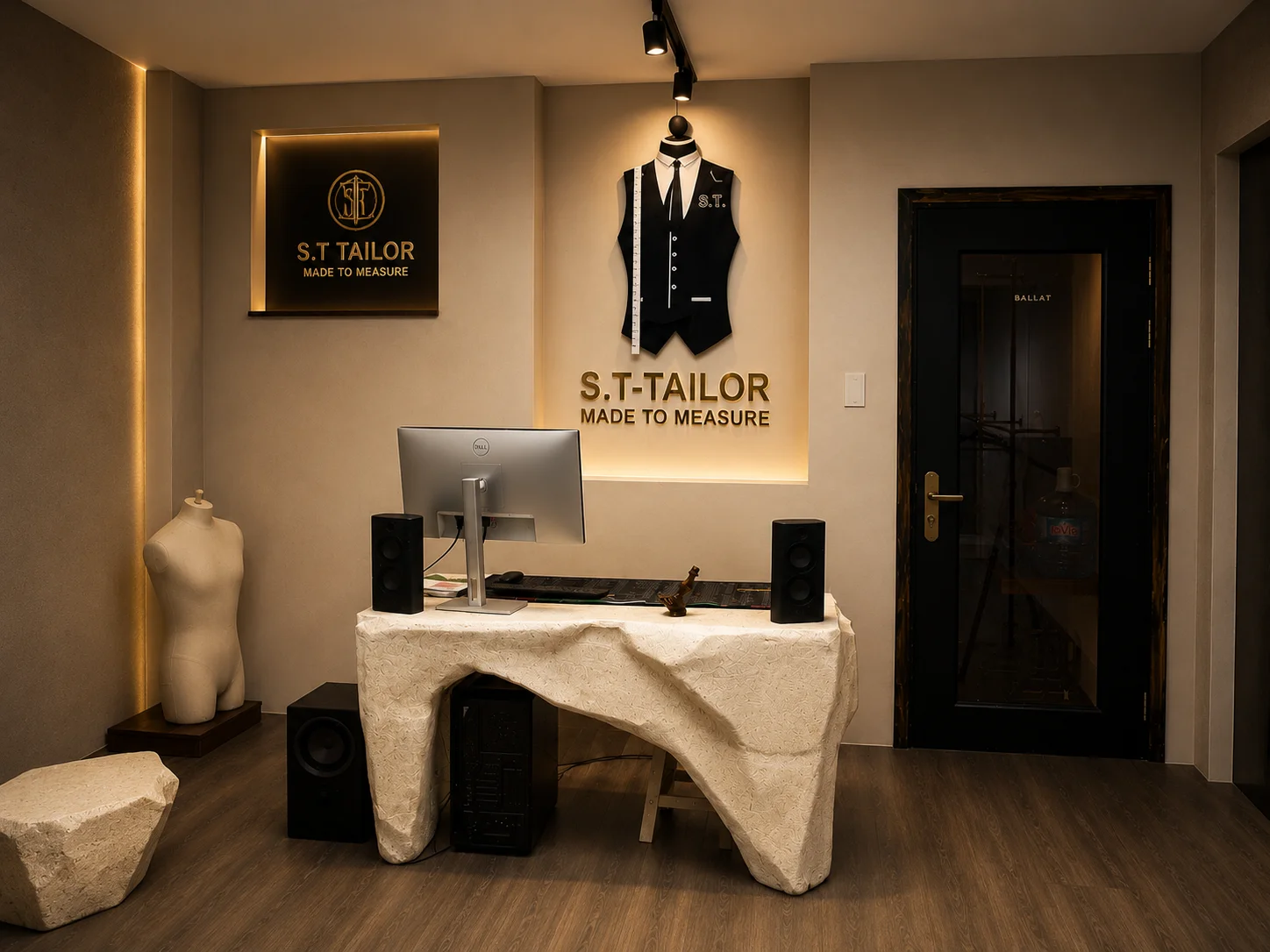 S.T Tailor reception and logo wall | Quầy tiếp đón và tường logo S.T Tailor