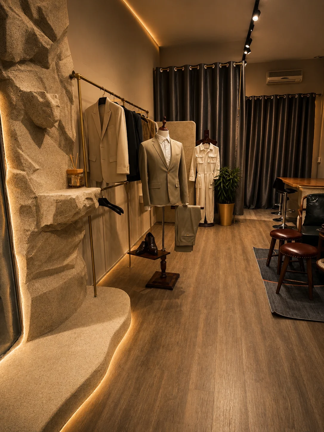 S.T Tailor showroom with garments and fitting area | Showroom S.T Tailor với trang phục và khu thử đồ