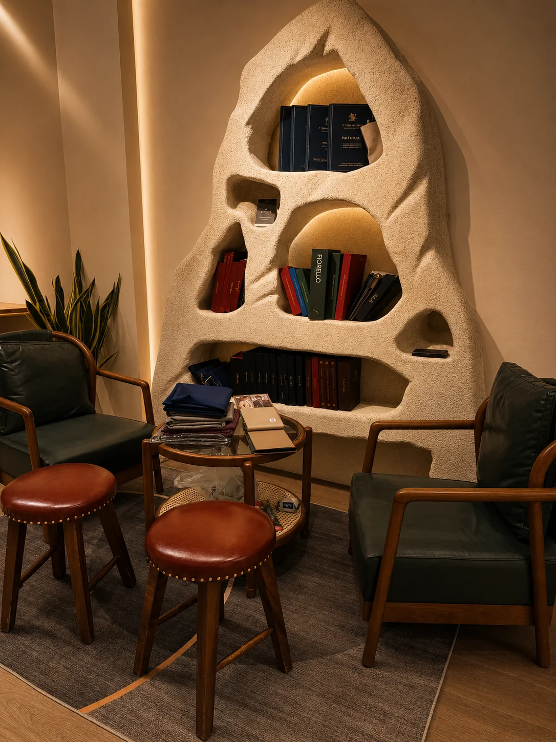 S.T Tailor lounge with display shelving | Góc tiếp khách S.T Tailor với kệ trưng bày
