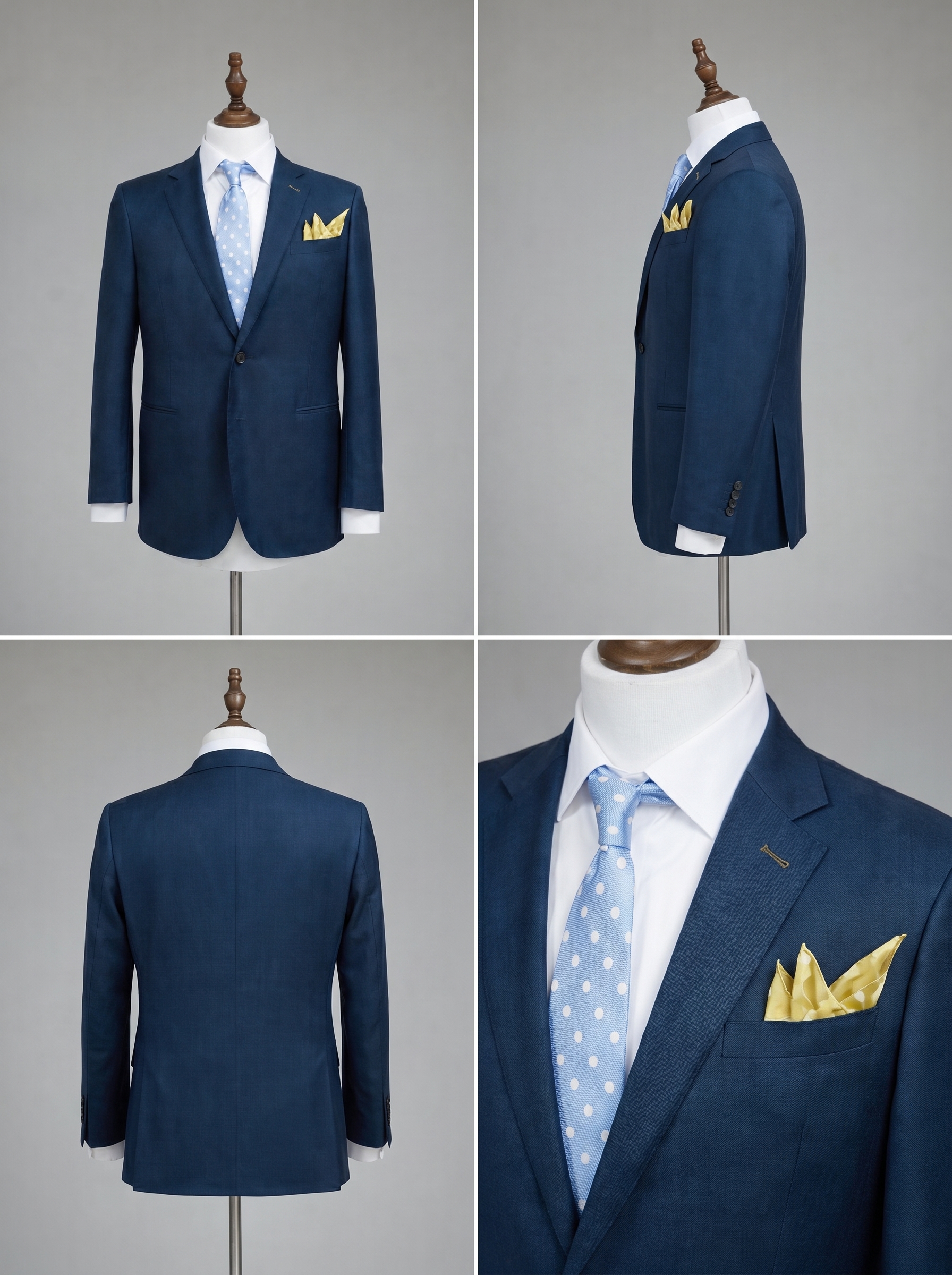 Navy suit showing front, side, back and lapel views | Suit xanh navy với các góc chính diện, nghiêng, sau và ve áo