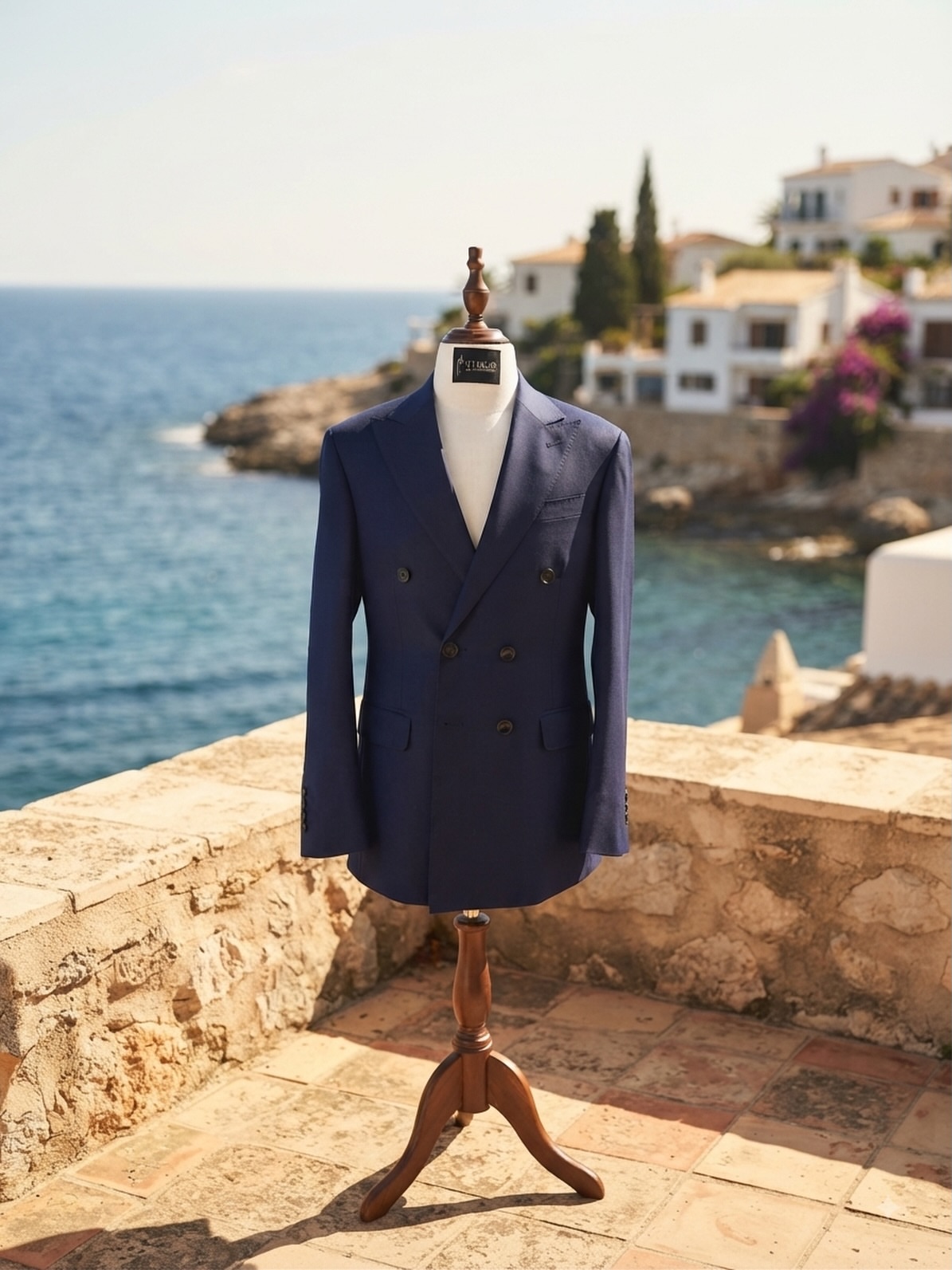 Navy tailored suit on a mannequin by the coast | Suit xanh navy may đo trên mannequin bên bờ biển