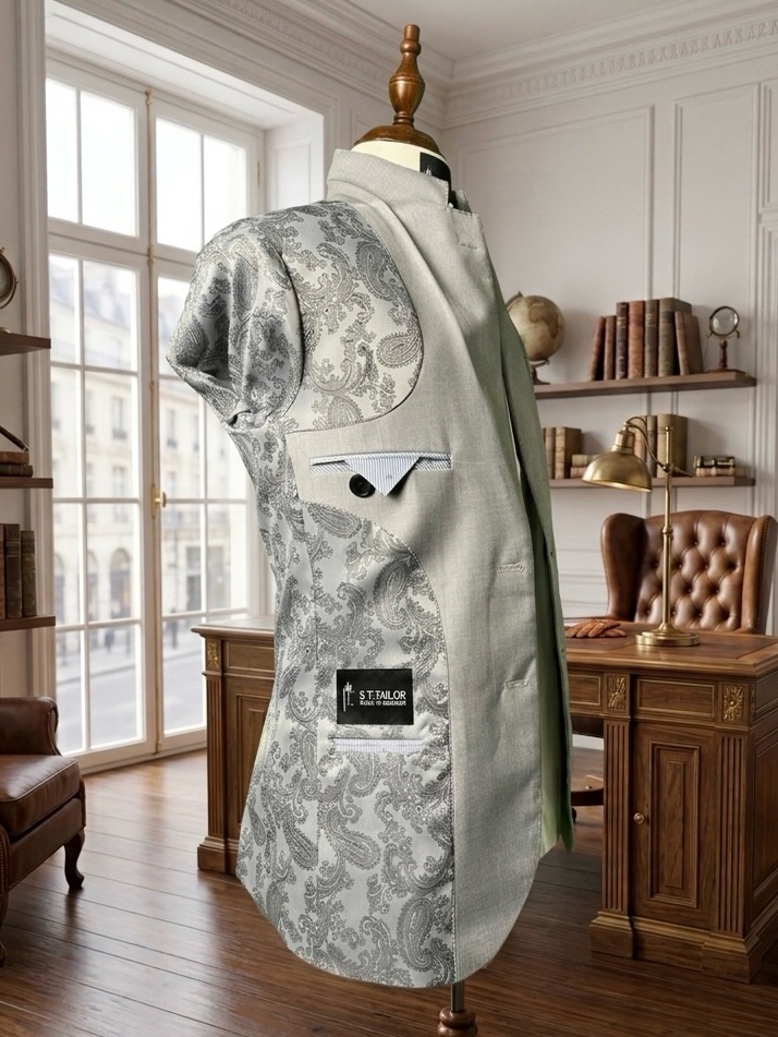 Grey patterned jacket on a mannequin in the tailoring room | Áo khoác xám họa tiết trên mannequin trong không gian nhà may