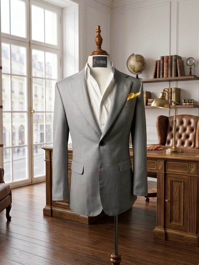 Grey double-breasted suit in a tailoring room | Suit xám hai hàng nút trong không gian nhà may