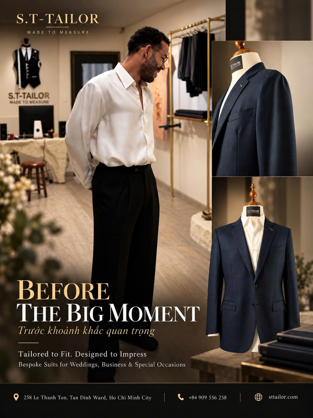 Tailoring consultation editorial with white shirt and navy suit | Hình ảnh tư vấn may đo với sơ mi trắng và suit navy