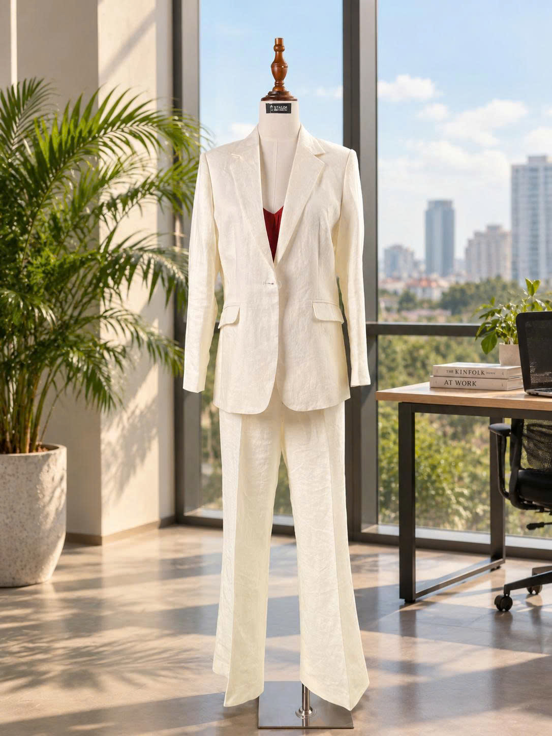 White women's suit on a mannequin by the window | Suit nữ trắng trên mannequin cạnh cửa sổ