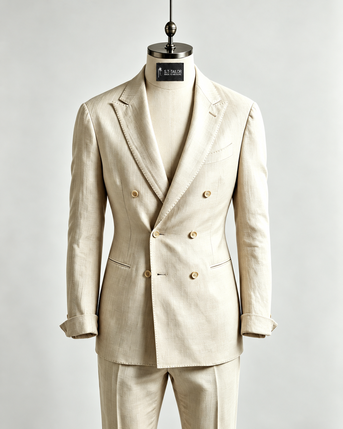 Cream double-breasted suit on a mannequin | Suit kem hai hàng nút trên mannequin