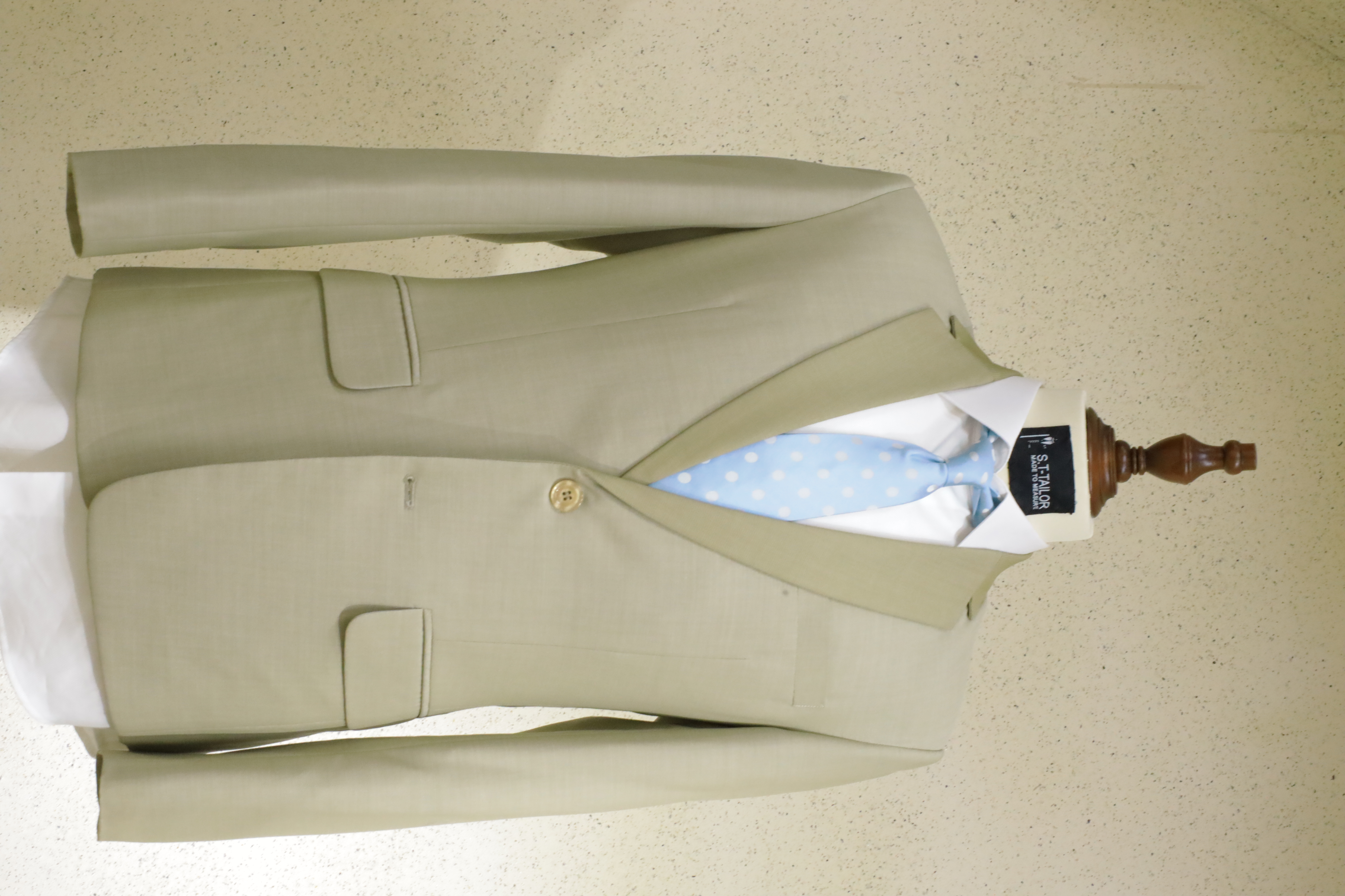 Cream tailored suit with light blue shirt | Suit màu kem may đo cùng sơ mi xanh nhạt