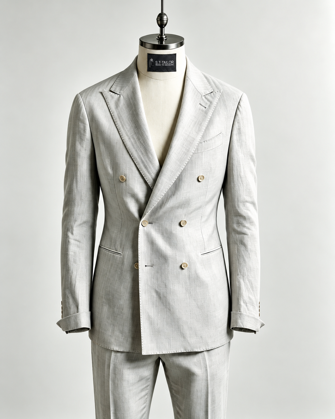Light grey double-breasted suit on a mannequin | Suit xám nhạt hai hàng nút trên mannequin