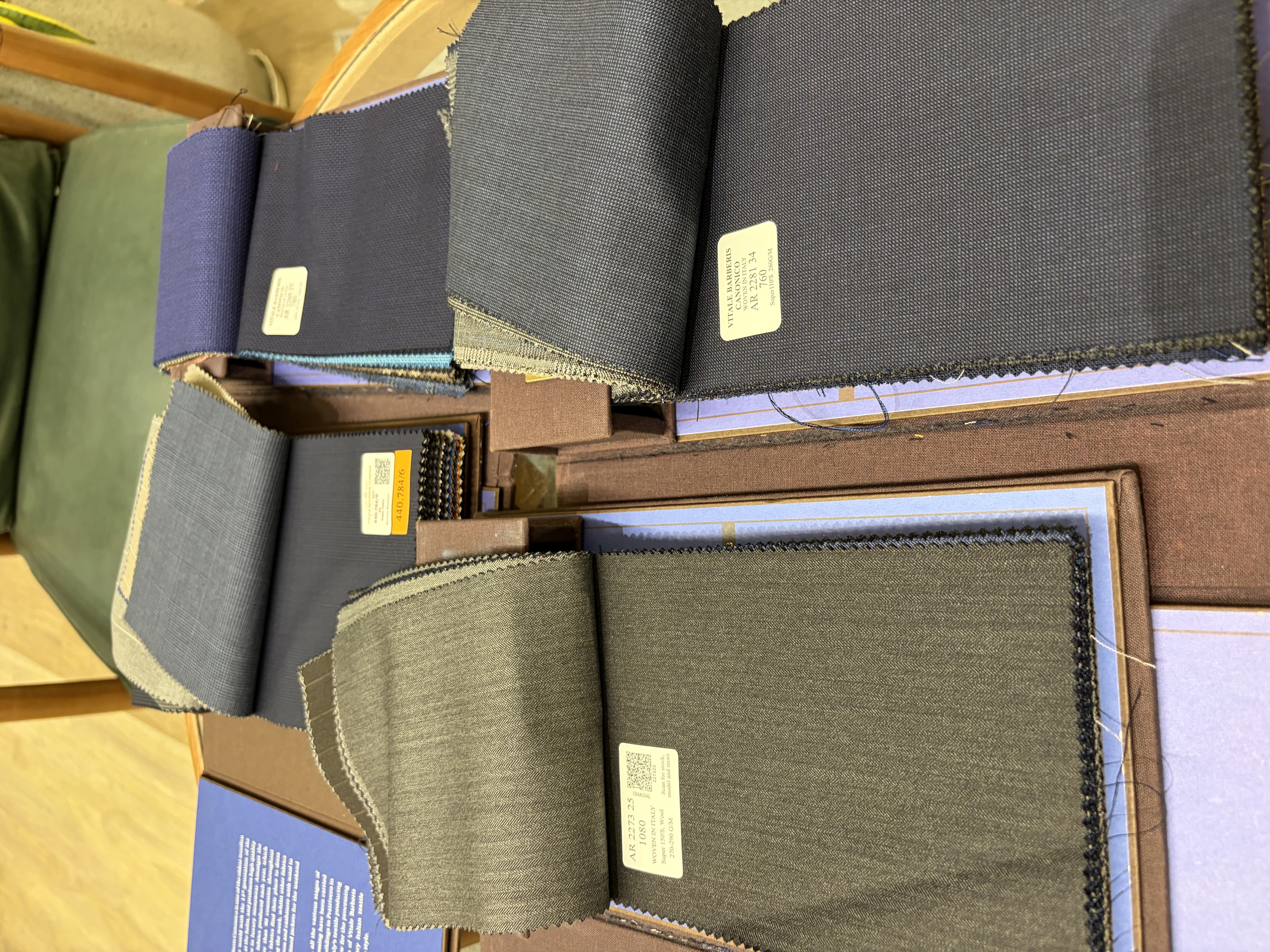 Suiting fabric swatches in neutral tones | Mẫu vải suit tông trung tính